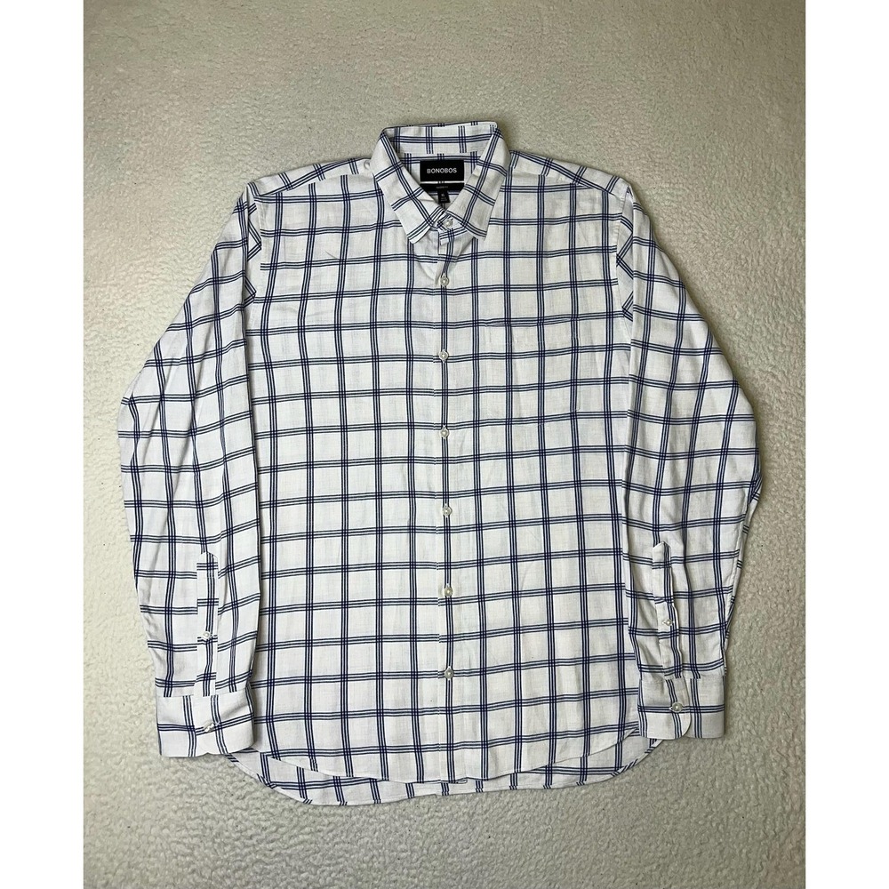 Bonobos Mens XL White Blue Plaid Slim Fit Long Sleeve Button‎ Up 24543-BMD57